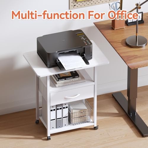 Printer Stand, 3-Tier Printer Table with Fabric Drawer, File Cabinet with Wheels for Home Office Fax Machine Scanner, White - Image 5