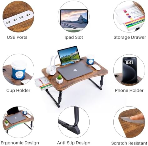 BYMECOST Laptop Desk for Bed, Height Adjustable Laptop Bed Table, Foldable Portable Lap Desk Stand with USB/Storage Drawer/Cup Holder/Slot, Breakfast Tray for Working Reading Writing Eating - Image 6