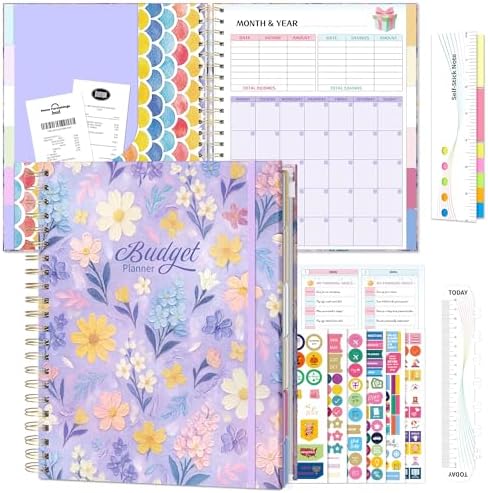 Ospelelf Budget Planner Undated, Money Expense Tracker with Pocket & Stickers, Thick Cardboard Cover, Large Pages for Spacious Writing, Original Fun Colorful Design, 12 Month Financial Notebook, Purple Floral by OspelelfOfficeSupplies