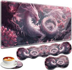 Large Gaming Mouse Pad + Keyboard Wrist Rest + Wrist Support + Coaster Set, Memory Foam Ergonomic for Easy Typing, XXL Extended Gaming Mouse Pad Table Pad - Cherry Pink Dragon by VSHSEEOM