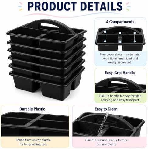 gisgfim 6 Pack Plastic Classroom Caddy with 4-Compartments Plastic Storage Caddies with Handle 4 Compartments Table Caddy Organizer Versatile Table Caddies for Classroom Office, Black - Image 3