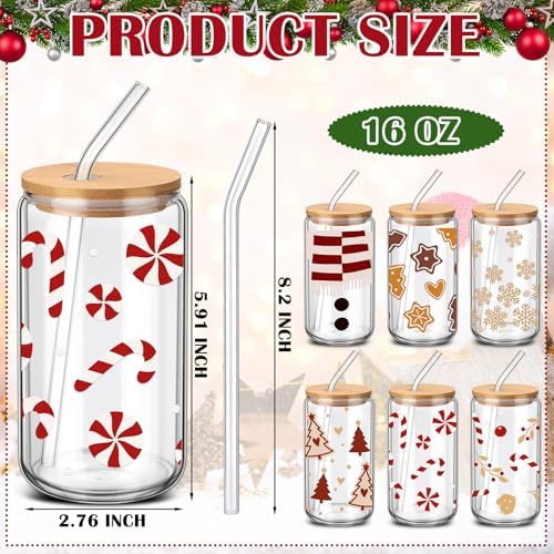 6 Pcs Christmas Glass Cup with Straw and Lid 16 oz Gingerbread - Image 3