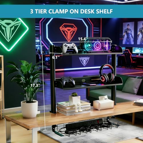 3 Tier Clamp on Desk Shelf,Desktop Organizer with Under Desk Hidden Basket - Image 2