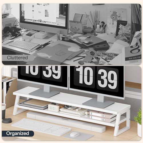 HOOBRO Dual Monitor Stand Riser, 39 Inch Large Computer Monitor Stand for 2 Monitors, Computer Monitor Riser, Desk Shelf Organizer for Office Desk, Accessories, White WW121CJ01 - Image 7