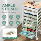 Ekisemio Utility Cart Organizers with Wheels and 8 Drawers, Little Rolling Craft Cart with Wooden Tabletop for Classroom, Office, Living Room, Craft Room, Green - Image 4
