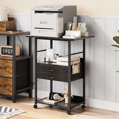 VENNQD Large Printer Stand with Storage Fabric Drawer Under Desk Printer Table with Wheels for Home Office, Printer Cart fit Fax Machine Scanner (Black, 3 Tiers) by VENNQD