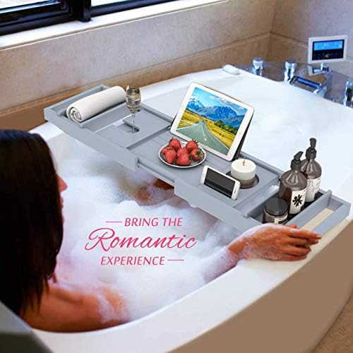 Domax Bathtub Caddy Tray Expandable Bamboo Tub Tray for Luxury Bath with Book Holder and Free Soap Dish (Gray, 29.4"-44.2"x 9.1"x1.65") - Image 6