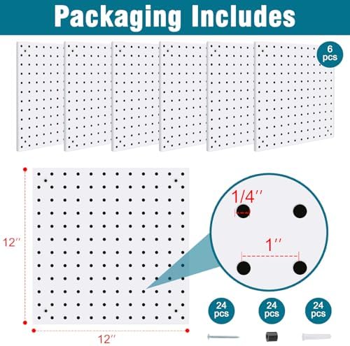 6 Pack Steel Peg Board,Universal 1/8 and 1/4 Pegboard Accessories,Ideal for Garage Tool Storage, Office Organization, Craft Room, Kitchen etc. (White, 6-12X12) - Image 2
