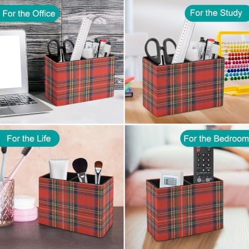 PU Leather Multi-Compartment Pen Holder Desktop Organizer Pencil Cup Storage Caddy for Office Home Supplies Blue Stewart Plaid Colorful Tartan Black Bright British - Image 4