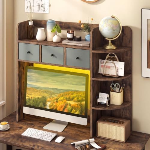 Tangkula Desktop Bookshelf with LED Lights, Dorm Desk Hutch, Rustic Brown - Image 2