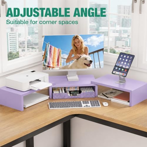OPNICE Dual Computer Monitor Stand Riser, Desk Organizer with Drawer, Office Desk Accessories & Workspace Organizers for Home Office Supplies, Purple - Image 5