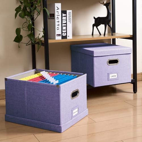 PRANDOM File Organizer Box - Set of 1 Collapsible Decorative Linen Filing Storage Hanging File Folders with Lids Office Cabinet Letter/Legal Purple (17x14x11.2 inch) - Image 3