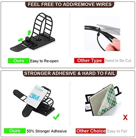100Pcs Adhesive Cable Management Clips with 50Pcs Zip Ties, Adjustable Nylon Cable Strap Ties Wire Clips Clamps Organizer with Strong Adhesive Tape, Extra Screw & Hole - 3.55 Inch Black - Image 4