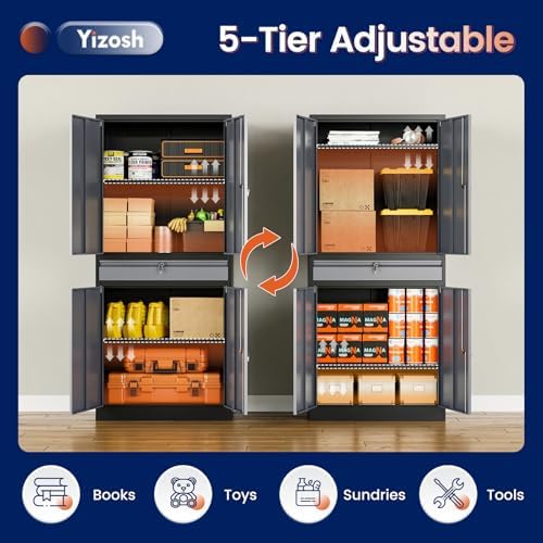 Yizosh Metal Garage Storage Cabinet with Locking Doors and Adjustable Shelves, 71" Steel Tool Storage Cabinet with 1 Drawer for Garage,Office,Warehouse (Gray Black) - Image 5