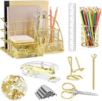 KAAKOW Gold Desk Organizers and Accessories Office Supplies Set Stapler, Pen Holder, Phone Holder, Scissors, Pen, Ruler, 30 Paper Clips, 22 Binder Clip, 20 Tacks and 1000pcs Staples (Gold) by KAAKOW