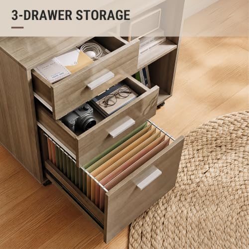 DEVAISE 3 Drawer Wood File Cabinet, Rolling Filing Cabinet with Open Storage Shelf, Printer Stand for Home Office Storage and Organization, Fits Letter/A4 Files (Gray Oak, Wood) - Image 6