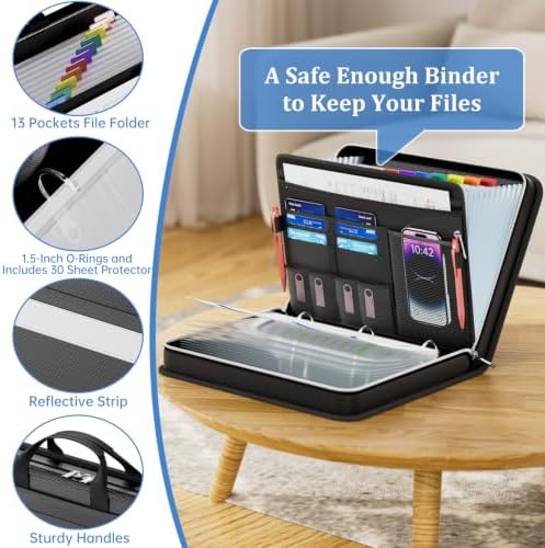 DocSafe File Organizer Zipper Binder with 30 Sheet Protector,Fireproof Accordion 12-Tab Expanding File Folder with Multiple Pockets,Home School Office Safe Storage for Documents,1.5-Inch O-Ring,Black - Image 5