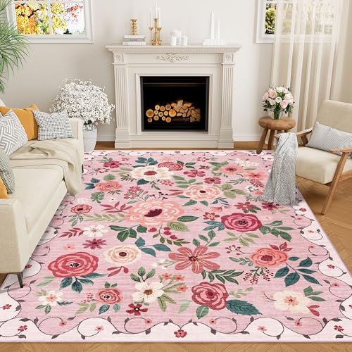 DUKINO 6x9 Area Rugs, Floral Washable Rug for Bedroom Non Slip, Pink by DUKINO