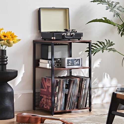 LELELINKY Walnut Oak 18" Wide End Table,3 Tier Large Record Player Stand with Storage Up to 130 Albums,Modern Turntable Stand, Records Vinyl Shelf for Living Room, Bedroom, Printer Desk for Home Office - Image 4