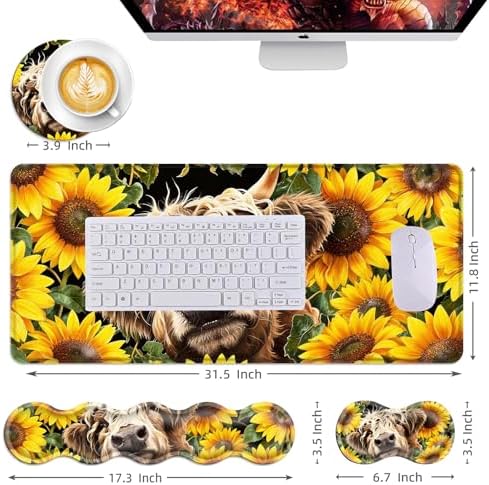 Mouse Pad,Large Desk Mat Set, 4in1 XL Mousepad + Keyboard Wrist Rest+Mouse Wrist Rest+Coaster with Ergonomic Desk Pad for Home Office Table Computer Cover -Highland Cow Sunflower - Image 6