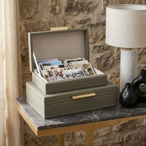 Decorative Storage Boxes with Lids, Set of 2 PU Leather Organizer Boxes with Soft Velvet Lining and Gold Handles, Stackable Keepsake, Photo & Document Storage for Bookshelf, Bedroom, Office by SUJUN