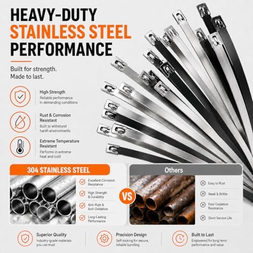 450Pcs Metal Zip Ties Gun Kit, Silver 8/12/16in & Black 8/12in Stainless Steel Zip Ties, Heavy Duty Cable Tie Fastening Cutting Tool Set with Organizer, Gloves, Storage Bag for Fence, Exhaust Wrap - Image 3
