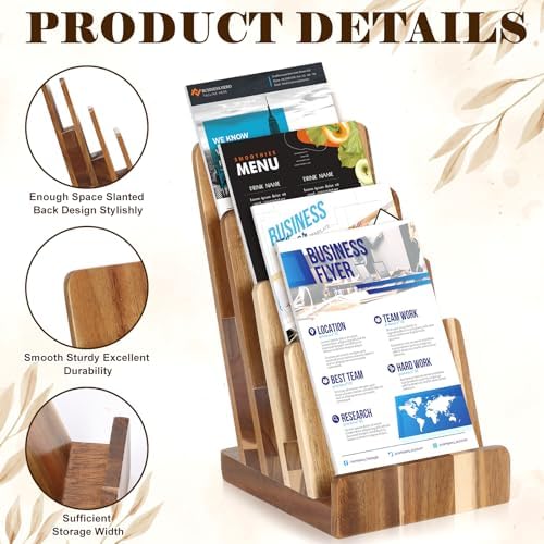 4 Tier Acacia Wood Brochure Display Stand 6 x 9 inch Brochure Holder Pamphlet Display Stand for 5.5 x 8.5 inch 5 x 7 inch Booklets Menus Postcard Holder Multi Purpose Organizer - Image 3