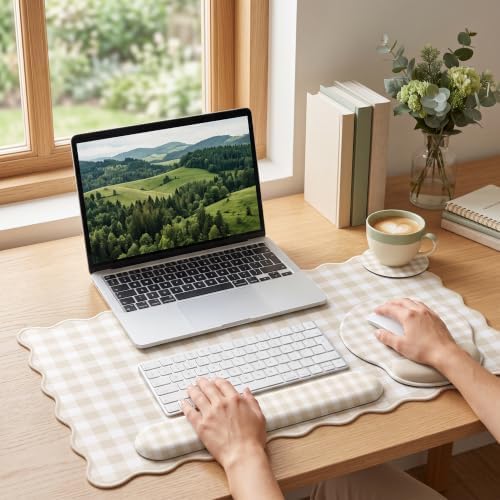 Beige Gingham Scalloped Desk Mat Set, Mouse Pad with Gel Wrist Rest,Ergonomic Keyboard Wrist Support for Women Non-Slip Desk Pad Home Office Decor - Image 2