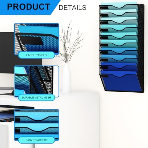 10 Pockets Hanging Wall File Organizer Mail Holder, Wall Mounted Paper Document Folder Holder, Clipboard Storage Organization Magazine Rack, Black - Image 4