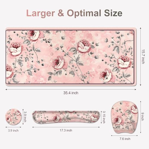4 in 1 Large Mouse Pad, Keyboard Wrist Rest Set, Ergonomic Mouse Pad with Wrist Support, Desk Mat with Stitched Edges Extended Desk Pad Waterproof Desk Mat for Home Office Game I Pink Rose Flowers - Image 6