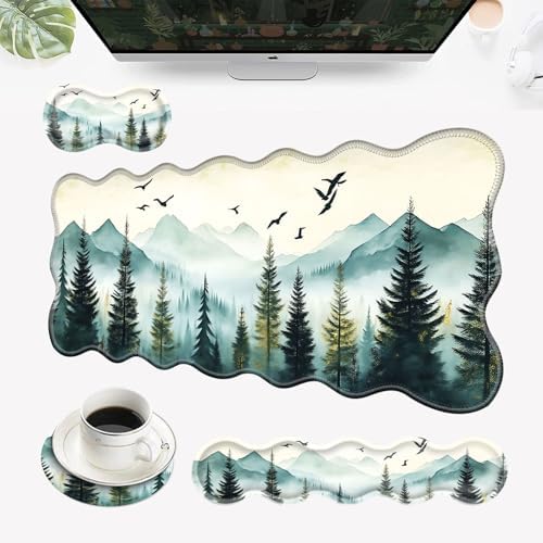 Desk Mat, Mouse Pad with Wrist Rest, 4-in-1 Large Mouse Pads for Desk, Ergonomic Mouse Pad and Keyboard Wrist Rest Gaming Keyboard Mat for Office,Misty Forest and Mountain by EFGWSDER