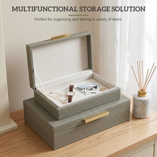 Decorative Storage Boxes with Lids, Set of 2 PU Leather Organizer Boxes with Soft Velvet Lining and Gold Handles, Stackable Keepsake, Photo & Document Storage for Bookshelf, Bedroom, Office - Image 5