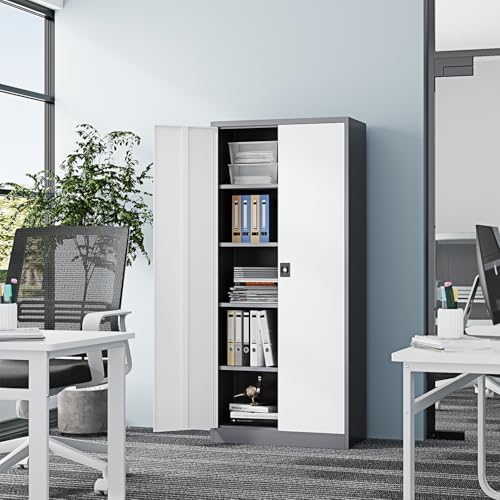 Fesbos Metal Storage Cabinet-72” Tall Steel File Cabinets with Lockable Doors and Adjustable Shelves-White&Gray Steel Storage Cabinet for Home Kitchen, Office, Garage - Image 2