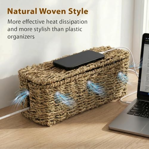 2 Pack Handwoven Cable Management Box with Lid, Decorative Cord Organizer for Power Strips, Chargers, TV Wires, Desk, Home & Office Storage, Natural Sea Grass - Image 6
