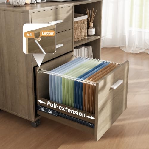 DEVAISE 3 Drawer Wood File Cabinet, Rolling Filing Cabinet with Open Storage Shelf, Printer Stand for Home Office Storage and Organization, Fits Letter/A4 Files (Gray Oak, Wood) - Image 5
