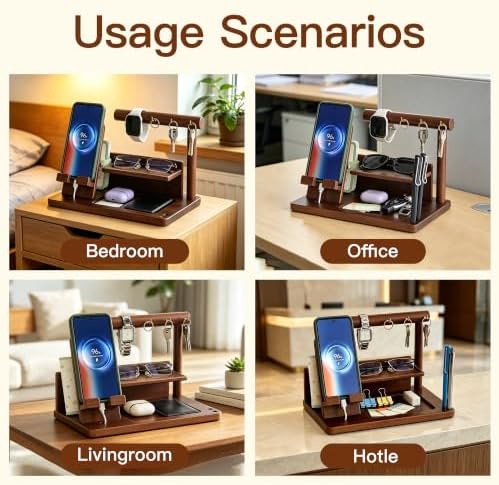 Wood Phone Docking Station for Men - Desktop Nightstand Organizer - Birthday Gifts for Men, Husband, Dad - Anniversary Ideas from Wife - Key Holder, Stand Wallet, Watch & Essentials for Bedroom Office - Image 4