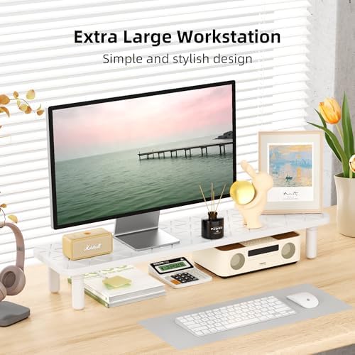 AFOOYO Dual Monitor Stand For Desk,31 Inch Adjustable Wood Computer Riser Desktop Storage Stand For Computer,Laptop,Printer,TV,White Grid - Image 4