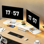 AFOOYO LED Dual Monitor Stand Riser for 2 Monitors,Office Desktop Wooden Stand Adjustable Length and Angle 3 Shelf,Extra Long Multifunctional Stand up to 39.3" for Computer,Laptop,TV,White by AFOOYO
