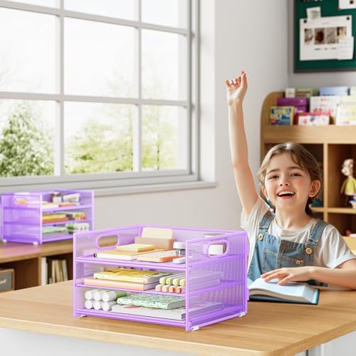 Paper Organizer with Handle,2P-3 Tier Purple Desk Organization Set - Image 4