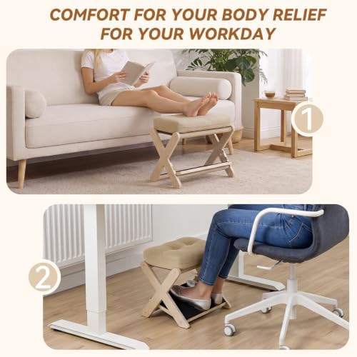 Adjustable Foot Rest Under Desk at Work, 16.6" Wide Wooden Ergonomic Footstool with 3 Height Options, Linen Cushion, Non-Slip EVA Stepping Surface & Posture Support for Office, Home & Gaming - Image 5