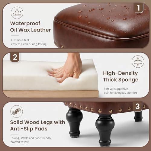 Cmishe Ottoman Leather Footrest,Vintage Footstool,Thickened Foam Upholstered Seat,Wooden Leg Foot Rest,Under Desk Shoe Bench Small Bench for Living Room Dining Room(Bronw) - Image 4