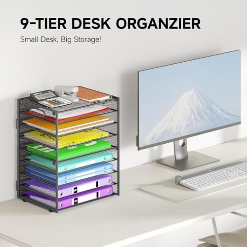 Cawukege 9 Tier Paper Organizer with Handle, Large Capacity Desk Organizer Mesh File Folder Letter Paper Tray Desktop Document Sorter for Classroom, School, and Office Accessories Organization - Grey - Image 2