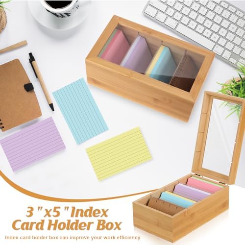 Bamboo Index Card Organizer - 3x5 Index Card Holder Box With Dividers - Wood Recipe Box With Lid - 4 Compartments For 1200 Cards - 5.9"W x 10"D x 4"H - Image 4