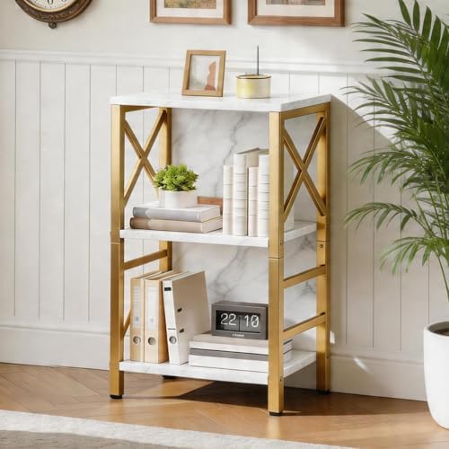 MNEETRUNG Small Bookshelf,3 Tier Industrial Bookcase with Metal Frame and Backboard,Low White and Gold Book Shelf,Book case for Small Spaces,Living Room,Bedroom and Home Office - Image 2