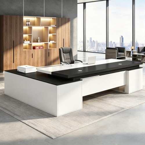 Executive Desk, L Shaped Executive Office Desk with Locking Drawer & File Cabinet, 1'' Thick Desktop, Large Office Desk with Storage, Modern Executive Computer Workstation for Home Office & Business by Unknown