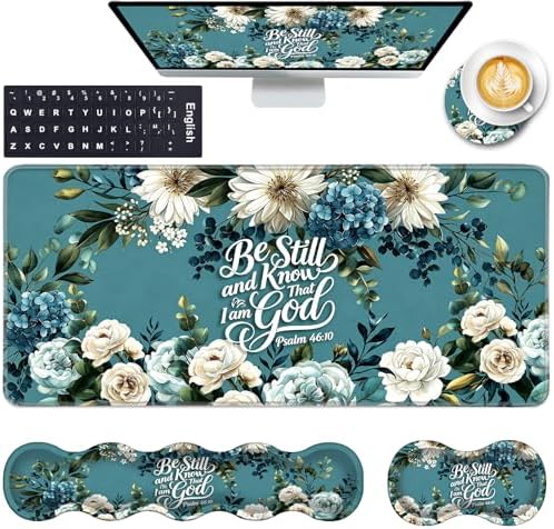 Keyboard Wrist Rest and Mouse Pad with Wrist Support Set Ergonomic Coaster,Memory Foam,Easy Typing Pain Relief,Large XL Desk Mat 31.5"x 11.8",Be Still Floral Bible Verse by CICPLKSE
