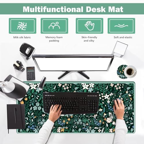 ARTSO XXL Large Gaming Mouse Pad with Wrist Rest, Ergonomic Mouse Pad, Keyboard Wrist Rest, Home Office Desk Accessories, Green Flower Plants - Image 4