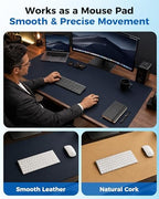 Aothia Dual-Sided Desk Mat, FSC Cork & PU Leather Desk Pad, Large Mouse Pad & Writing Surface for Full Desk Coverage, Non-Slip Waterproof Desk Protector - 47" x 23.6", Dark Blue - Image 3
