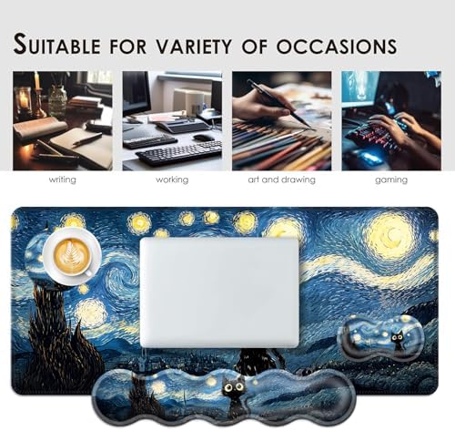 Large Keyboard Mouse Pad Set, Extended Mouse Pad+Keyboard Wrist Rest Support, Memory Foam Ergonomic Easy Typing, 4Pcs (31.5×11.8 in) Desk Pad Set for Office Home,Starry Night Cat - Image 7