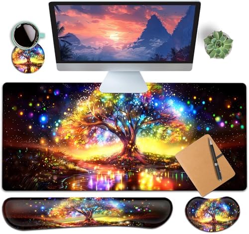 Large Gaming Mouse Pad+ Keyboard Wrist Rest Set, Ergonomics Memory Foam Mouse Mat Wrist Rest Support for Home Office, Waterproof Extended Mousepad 31.5x11.8in, Colorful Tree of Life Desk Pad by YVBHCGGGF